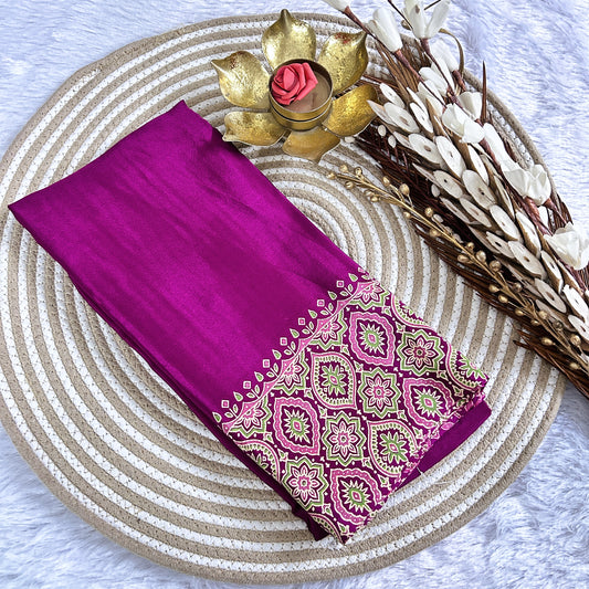 Ajrakh plain body with printed border| Majenta | Maguvaa Sarees
