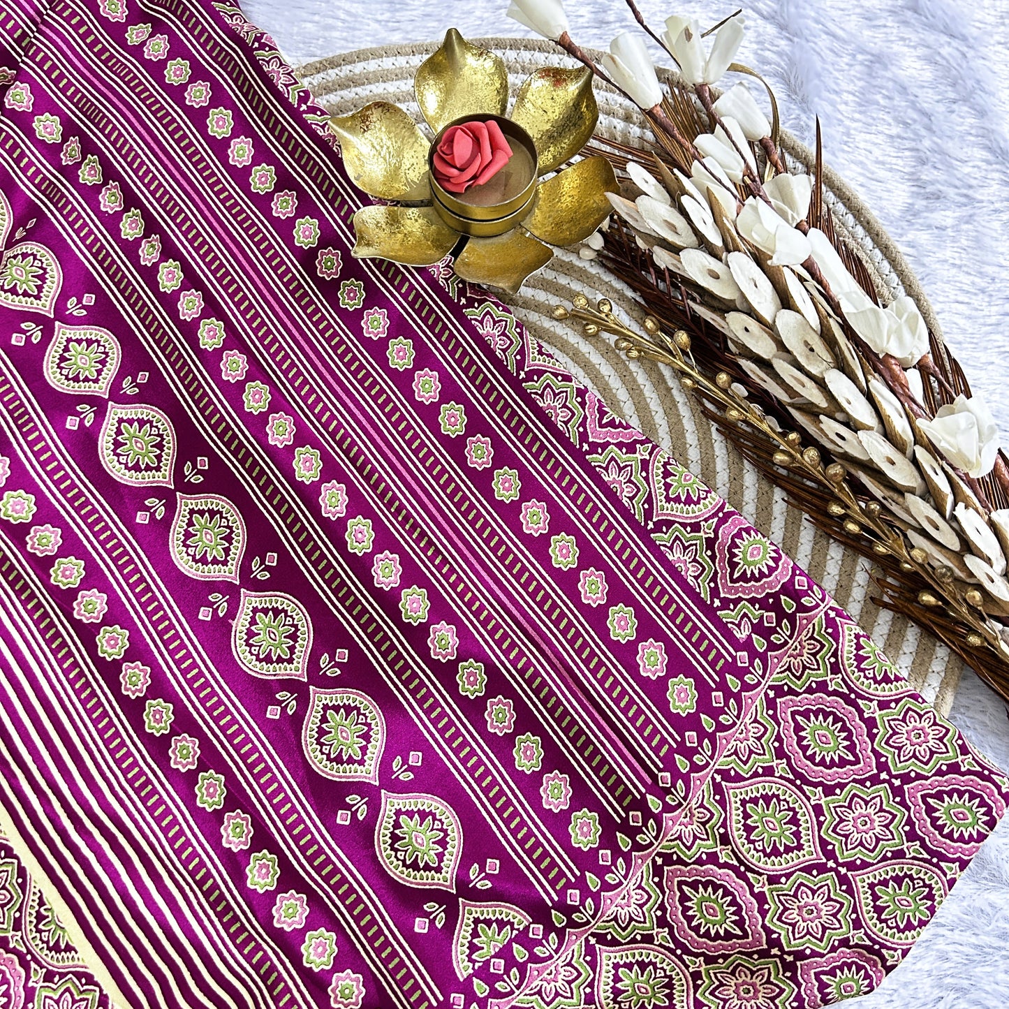 Ajrakh plain body with printed border| Majenta | Maguvaa Sarees