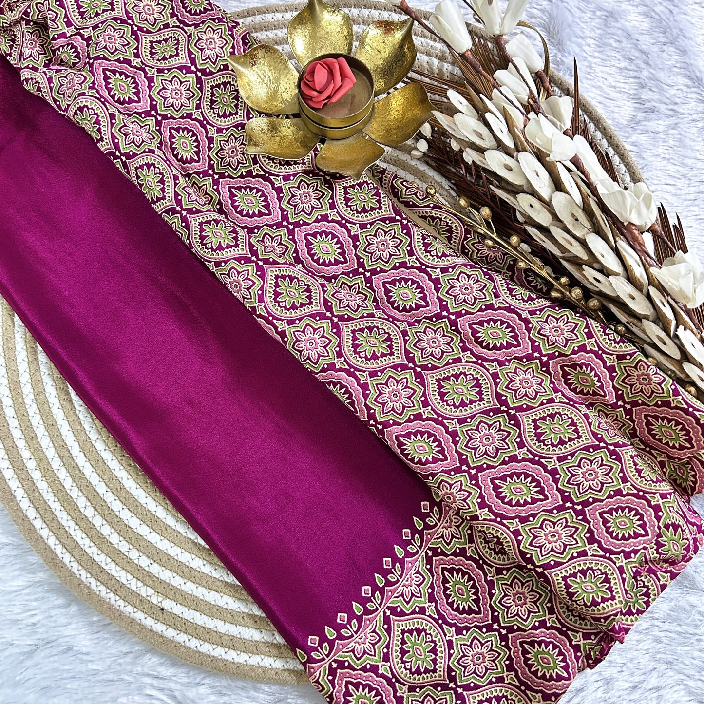 Ajrakh plain body with printed border| Majenta | Maguvaa Sarees