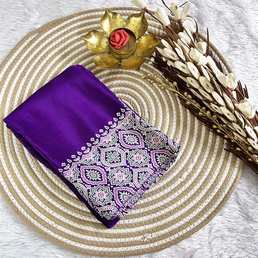 Ajrakh plain body with printed border| Purple | Maguvaa Sarees