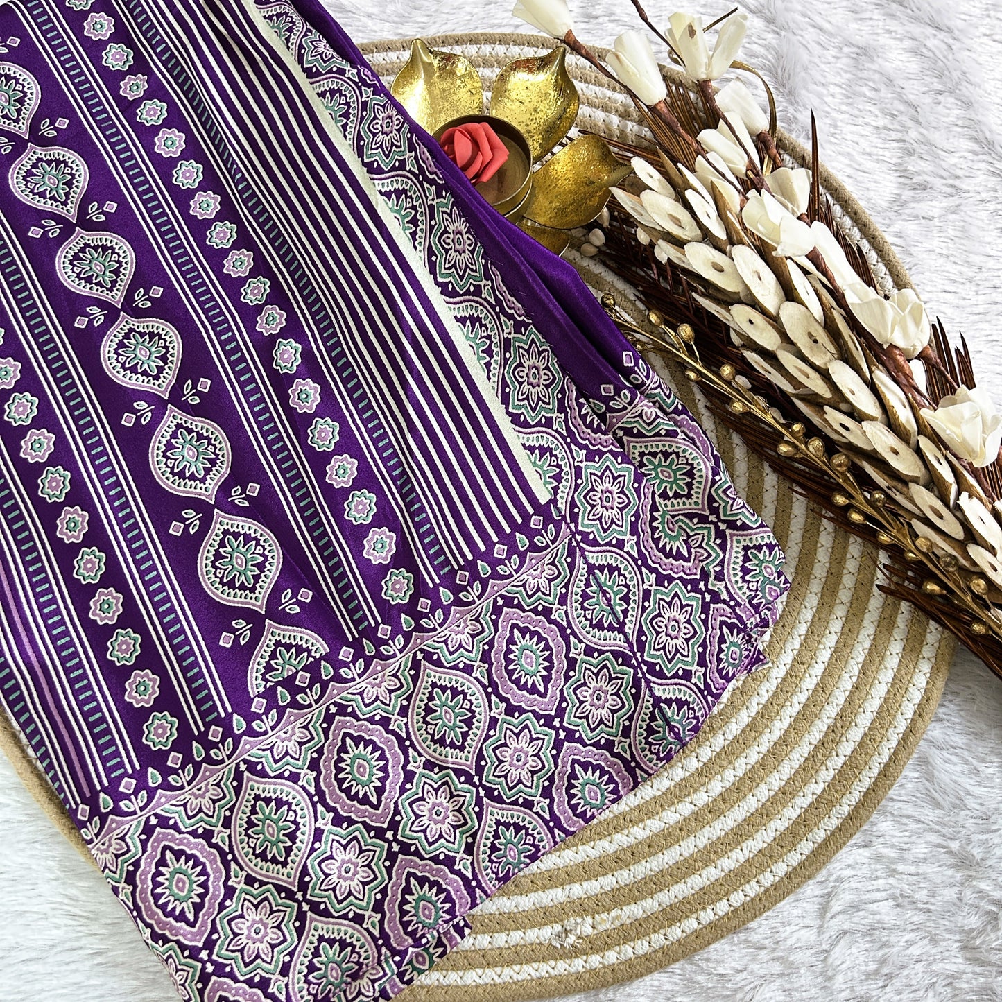 Ajrakh plain body with printed border| Purple | Maguvaa Sarees
