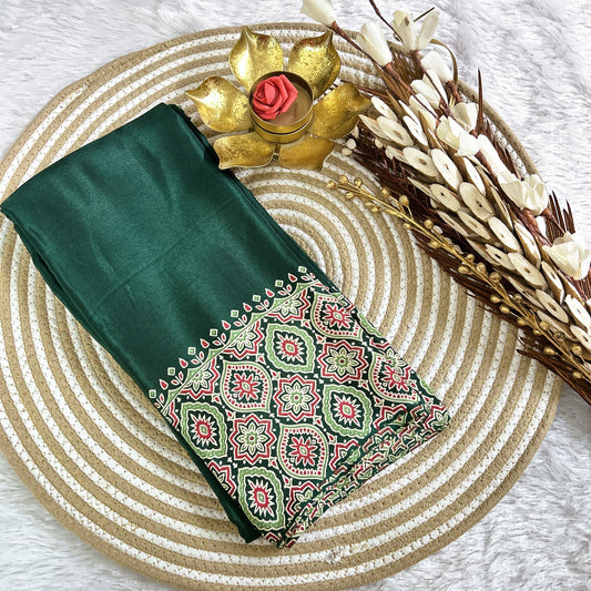 Ajrakh plain body with printed border| Bottle Green | Maguvaa Sarees