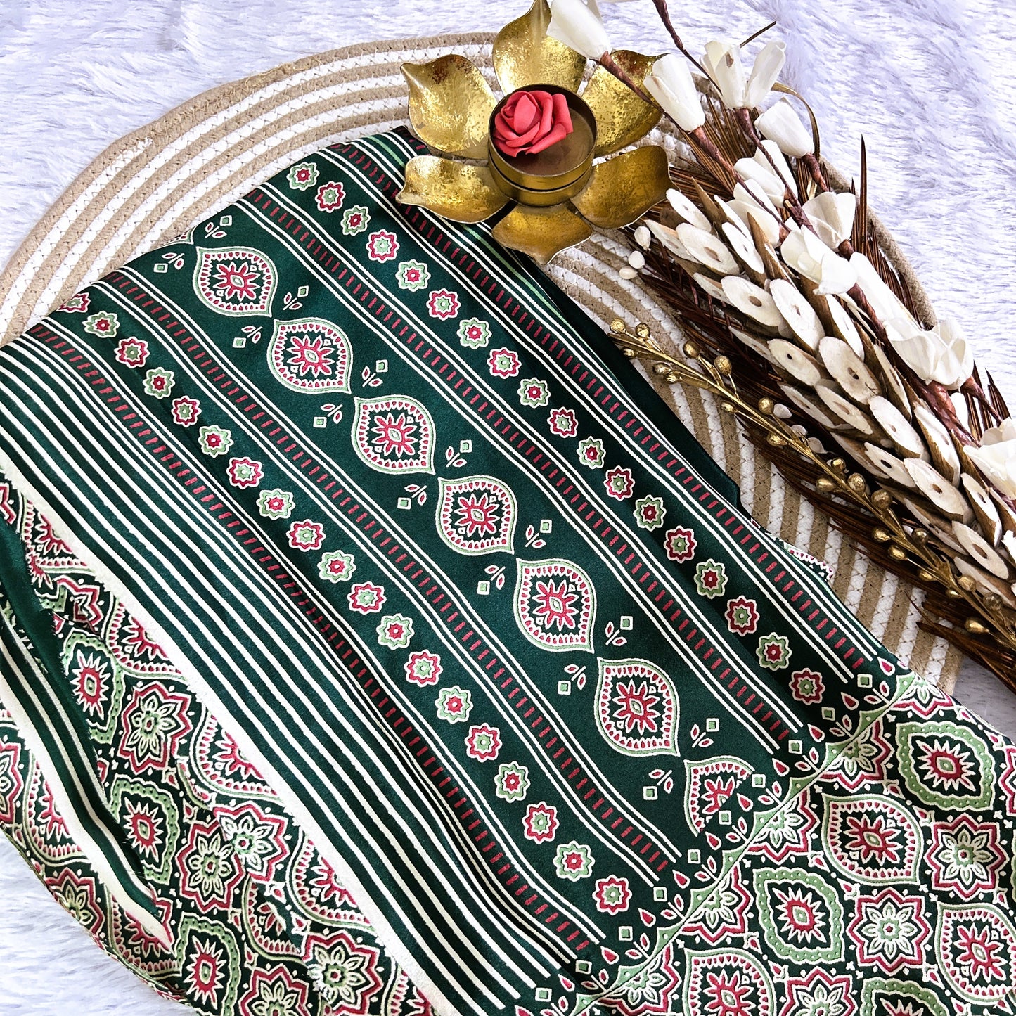 Ajrakh plain body with printed border| Bottle Green | Maguvaa Sarees