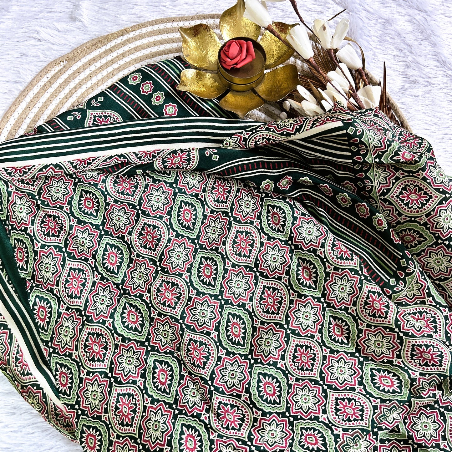 Ajrakh plain body with printed border| Bottle Green | Maguvaa Sarees