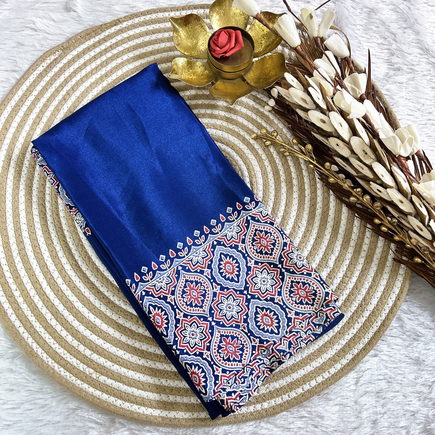 Ajrakh plain body with printed border| Royalblue | Maguvaa Sarees