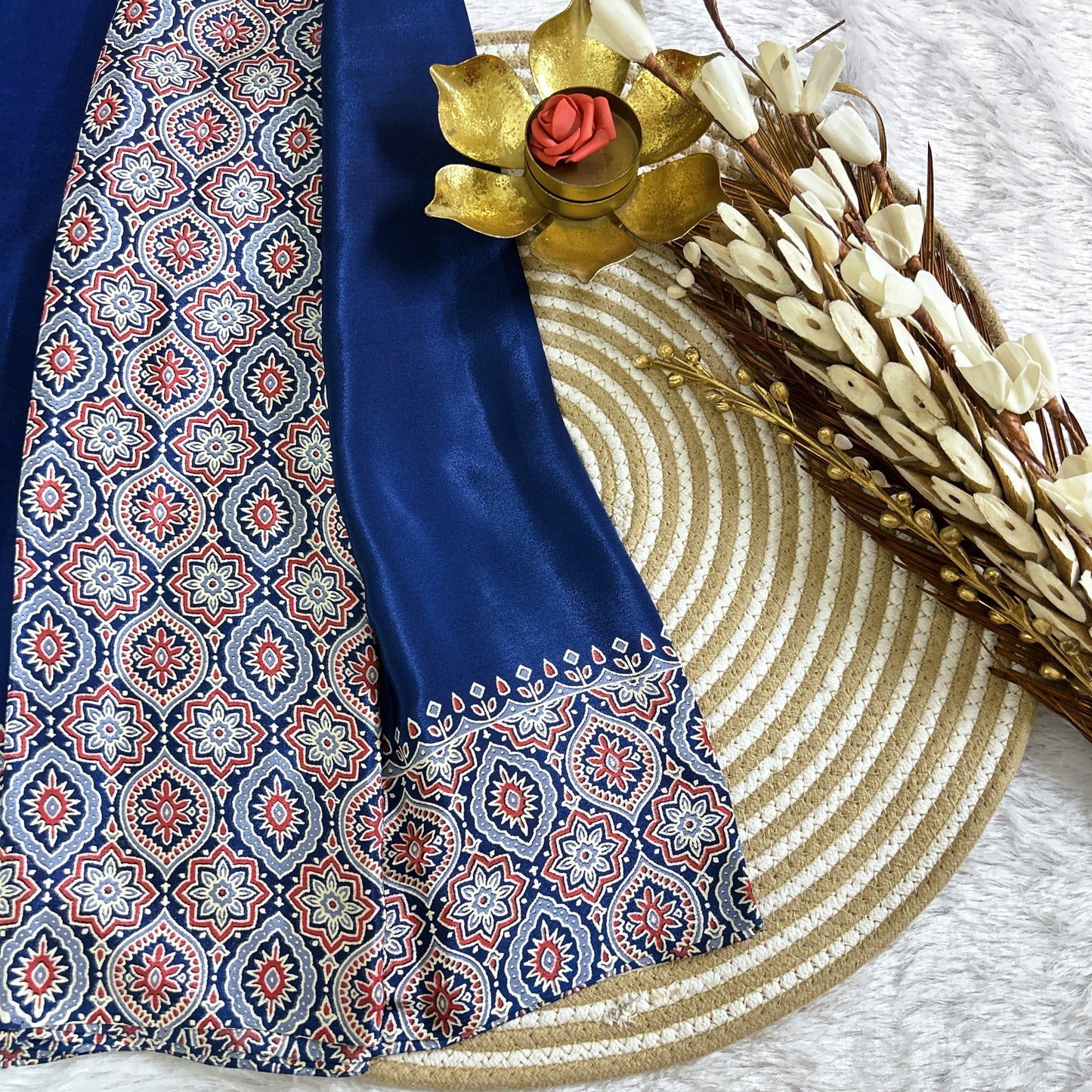Ajrakh plain body with printed border| Royalblue | Maguvaa Sarees