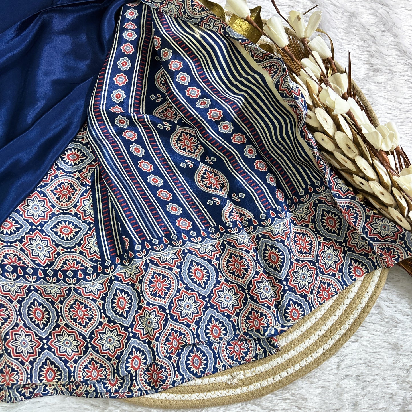 Ajrakh plain body with printed border| Royalblue | Maguvaa Sarees