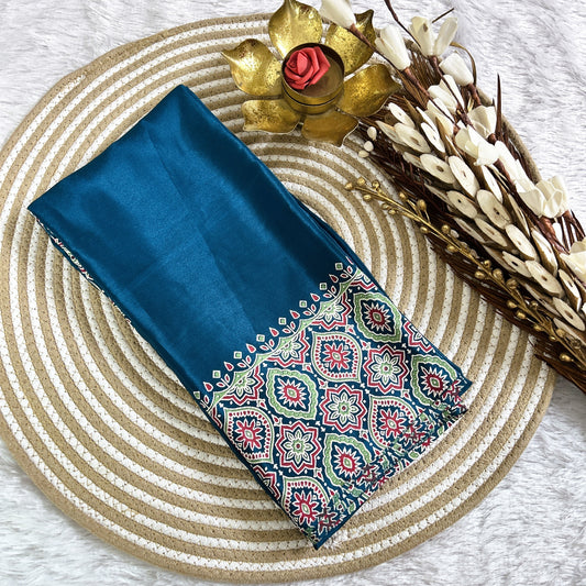 Ajrakh plain body with printed border| Peacock green | Maguvaa Sarees