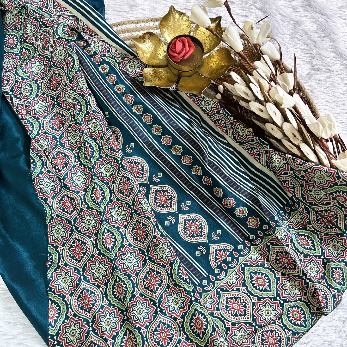 Ajrakh plain body with printed border| Peacock green | Maguvaa Sarees