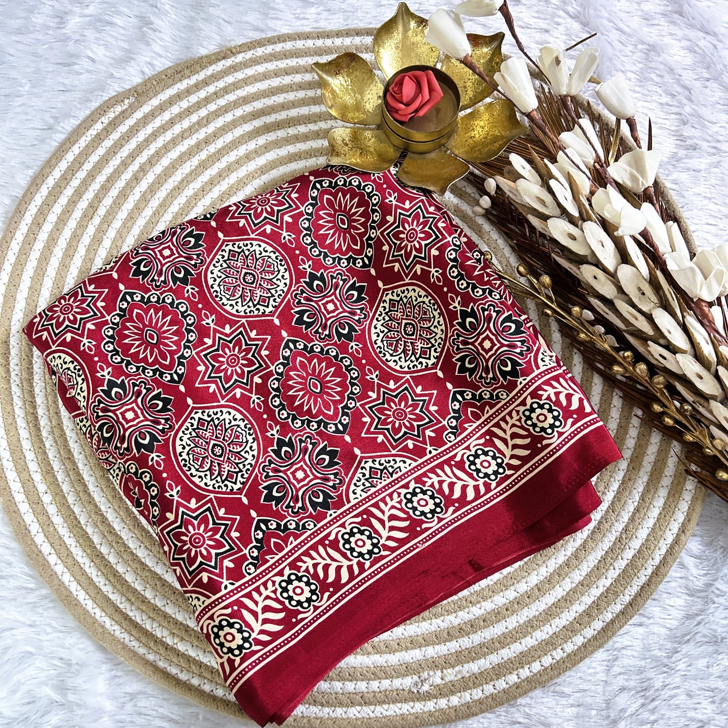 Maroon Ajrakh Print Crepe Viscose Saree | Maguvaa Sarees