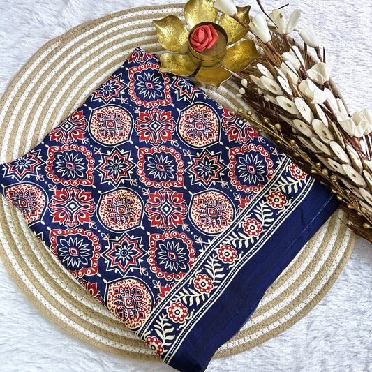 Navy Blue Ajrakh Print Crepe Viscose Saree | Maguvaa Sarees