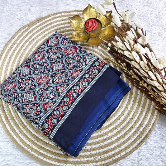 Indigo Ajrakh Print Crepe Viscose Saree | Maguvaa Sarees