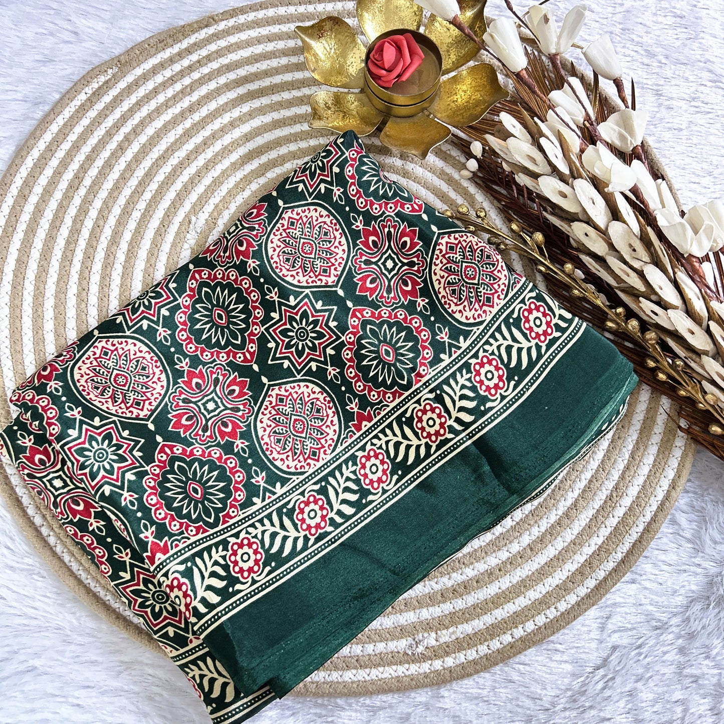 Bottle Green Ajrakh Print Crepe Viscose Saree | Maguvaa Sarees