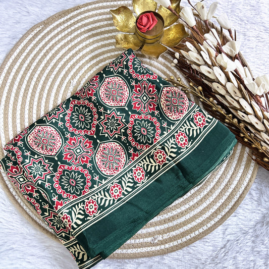 Bottle Green Ajrakh Print Crepe Viscose Saree | Maguvaa Sarees