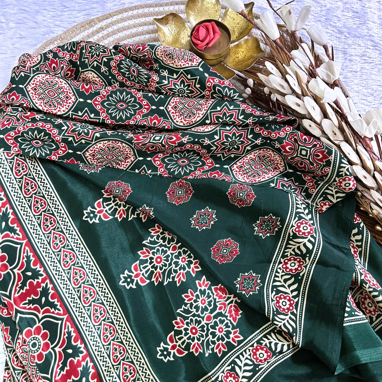 Bottle Green Ajrakh Print Crepe Viscose Saree | Maguvaa Sarees