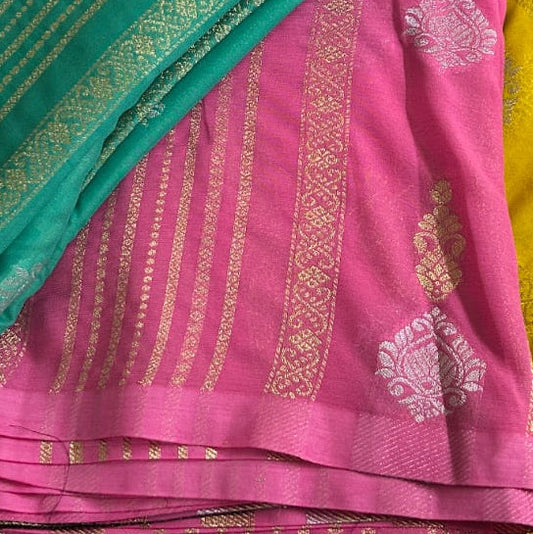 Pink Semi Silk Saree with Purple Border & Zari Weaving | Maguvaa Sarees