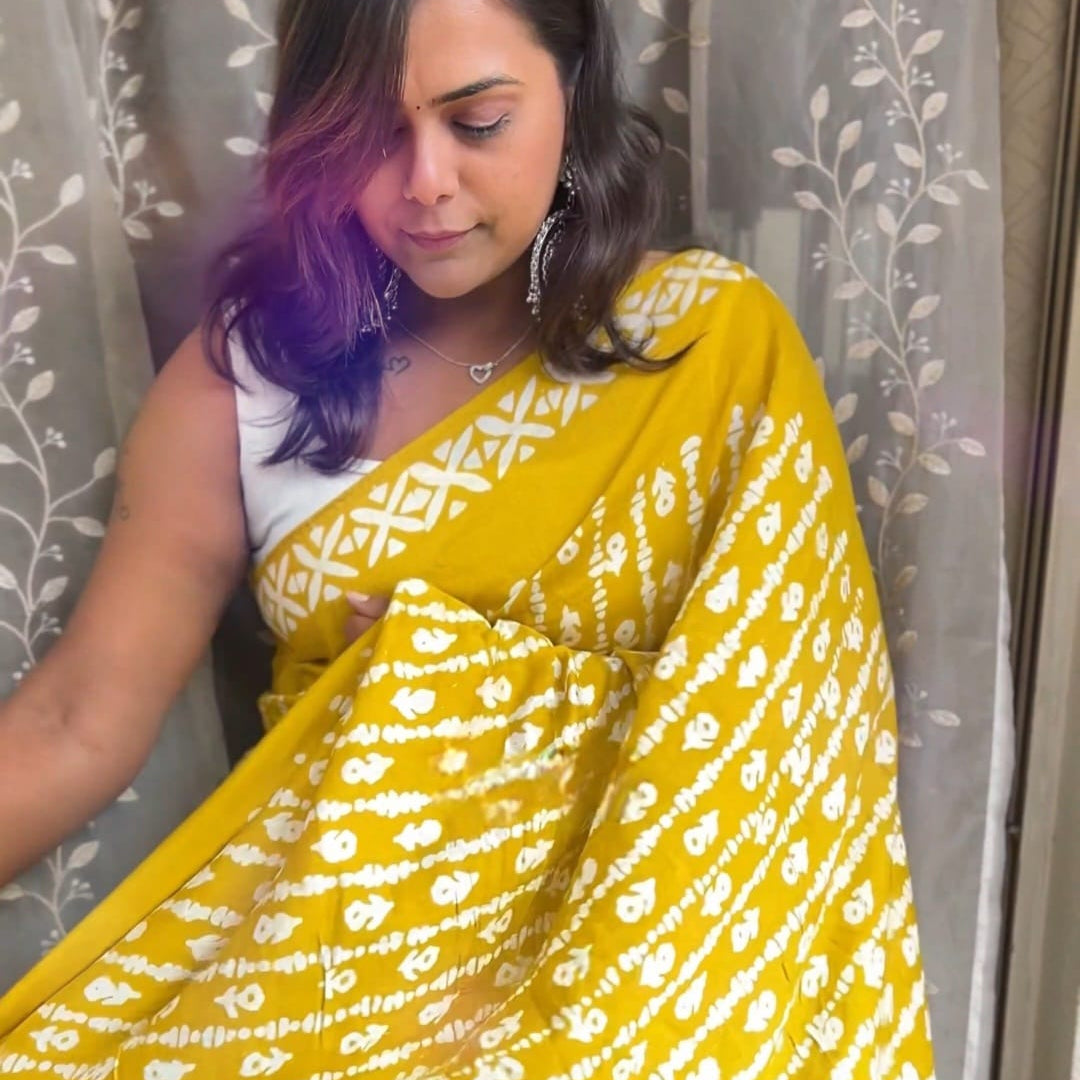 Yellow Hand-Printed Mul Cotton Saree with White Pattern | Maguvaa Sarees