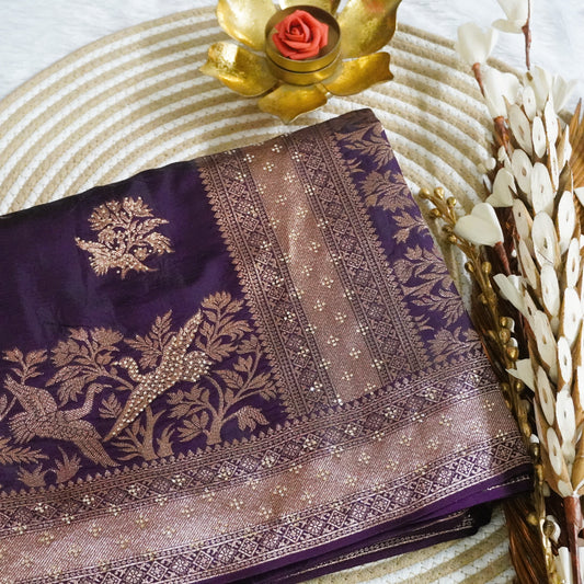 Fancy Banarasee with Zari boder and stone work | Wine | Maguvaa Sarees