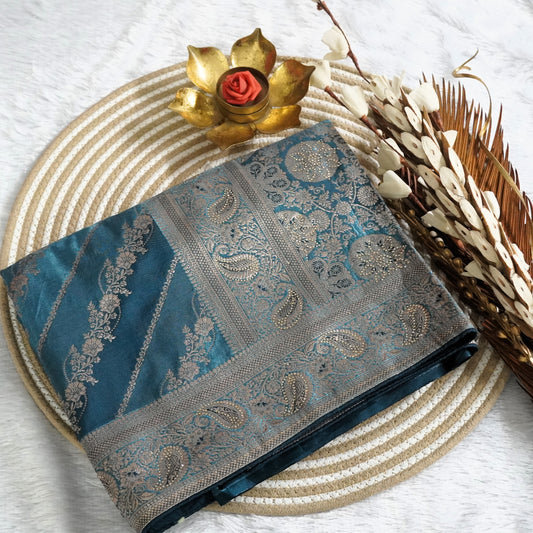 Designer Banarasee with  silver zari weaving shaded with stone work | Blue | Maguvaa Sarees