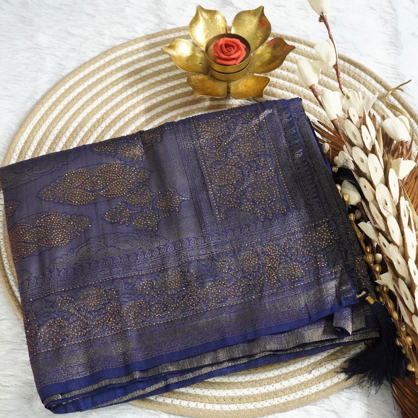 Tissue Saree with Zarcon work and all over detailing work | Navy Blue | Maguvaa Sarees