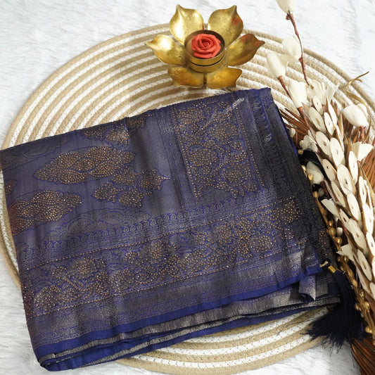 Tissue Saree with Zarcon work and all over detailing work | Navy Blue | Maguvaa Sarees