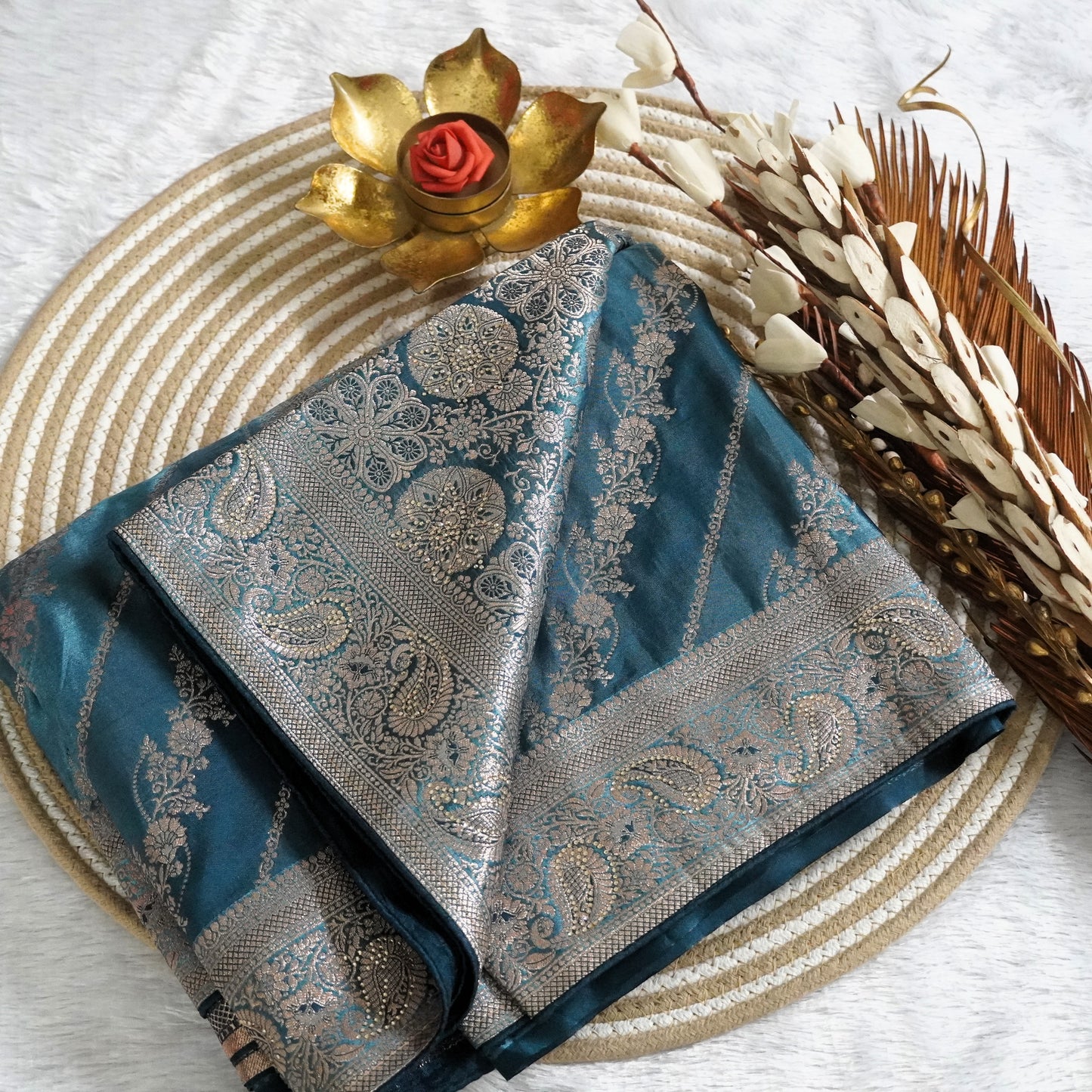 Designer Banarasee with  silver zari weaving shaded with stone work | Blue | Maguvaa Sarees