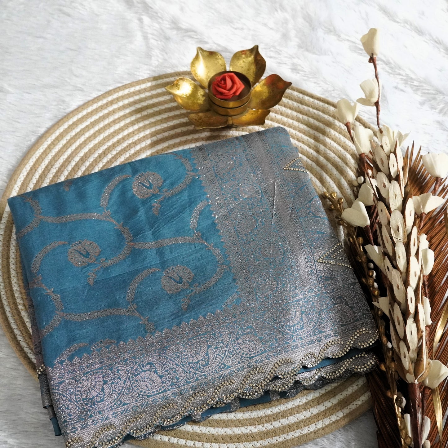 Fancy Banarasee with Scallop boder and stone work | Blue | Maguvaa Sarees