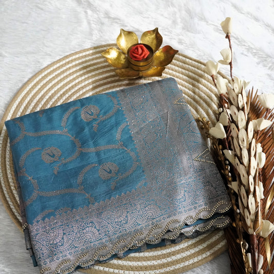 Fancy Banarasee with Scallop boder and stone work | Blue | Maguvaa Sarees
