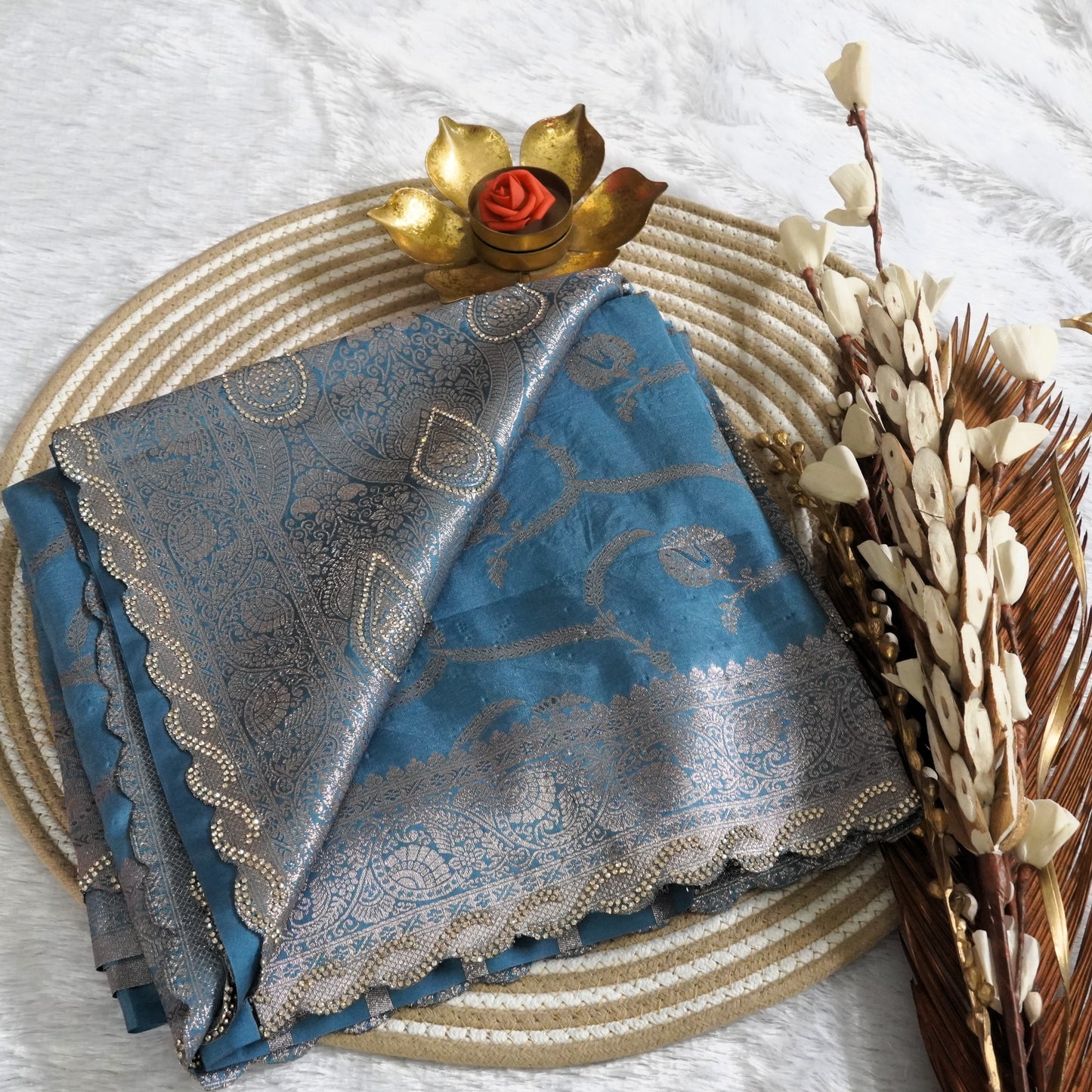 Fancy Banarasee with Scallop boder and stone work | Blue | Maguvaa Sarees