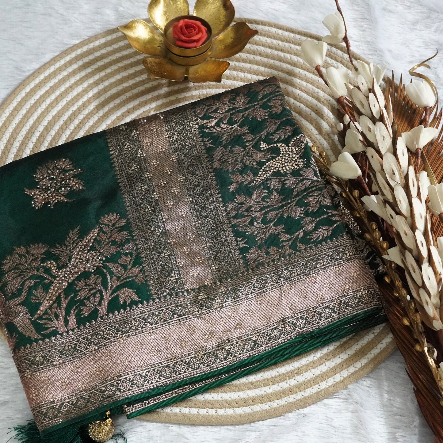 Fancy Banarasee with Zari boder and stone work | Bottle Green | Maguvaa Sarees