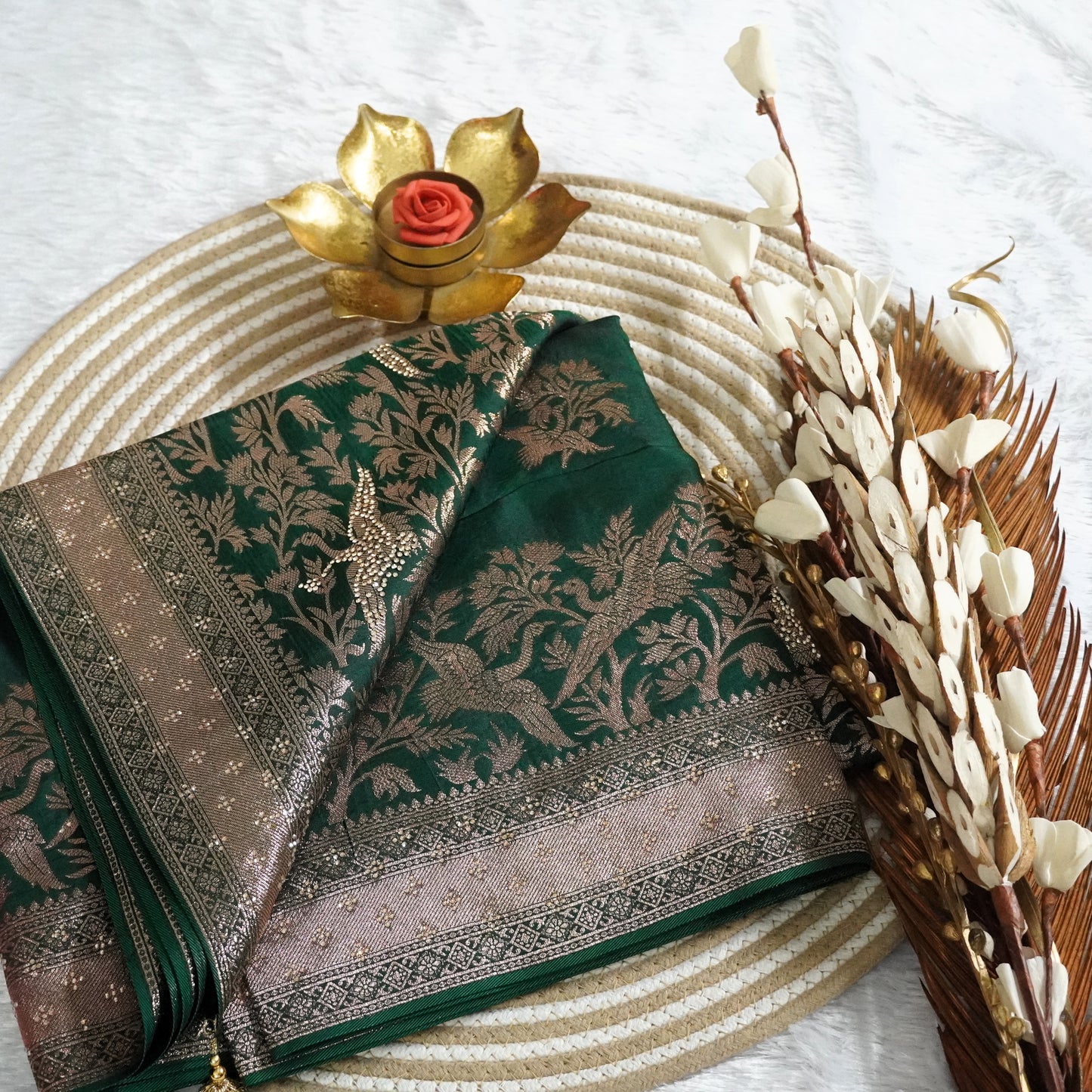 Fancy Banarasee with Zari boder and stone work | Bottle Green | Maguvaa Sarees