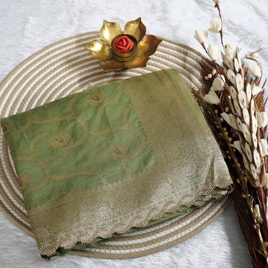 Fancy Banarasee with Scallop boder and stone work | Pista Green | Maguvaa Sarees
