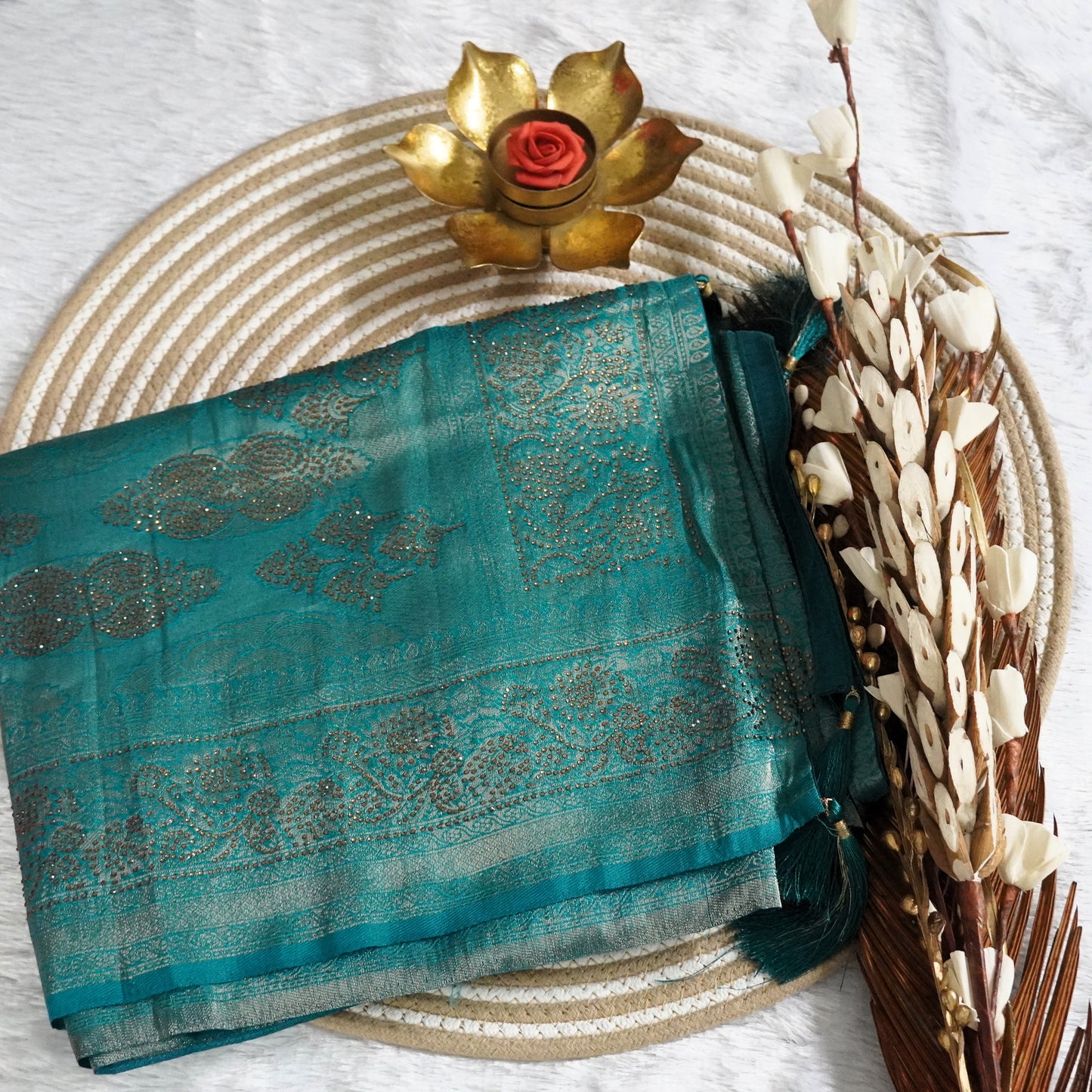Tissue Saree with Zarcon work and all over detailing work | Sea Green | Maguvaa Sarees