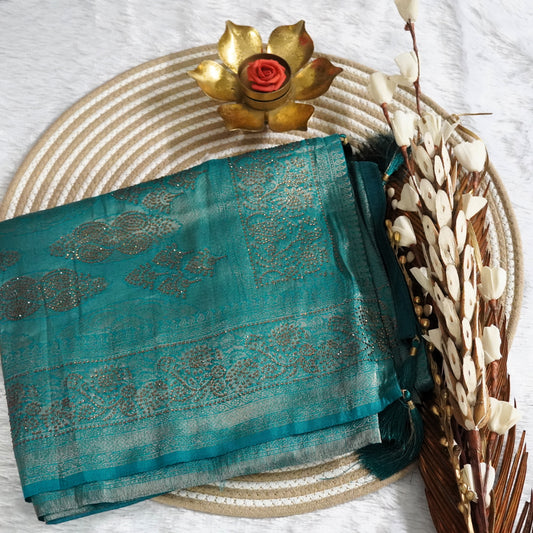 Tissue Saree with Zarcon work and all over detailing work | Sea Green | Maguvaa Sarees