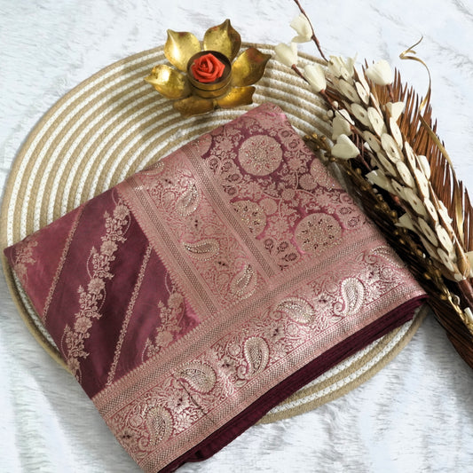 Designer Banarasee with  silver zari weaving shaded with stone work | Onion Pink | Maguvaa Sarees