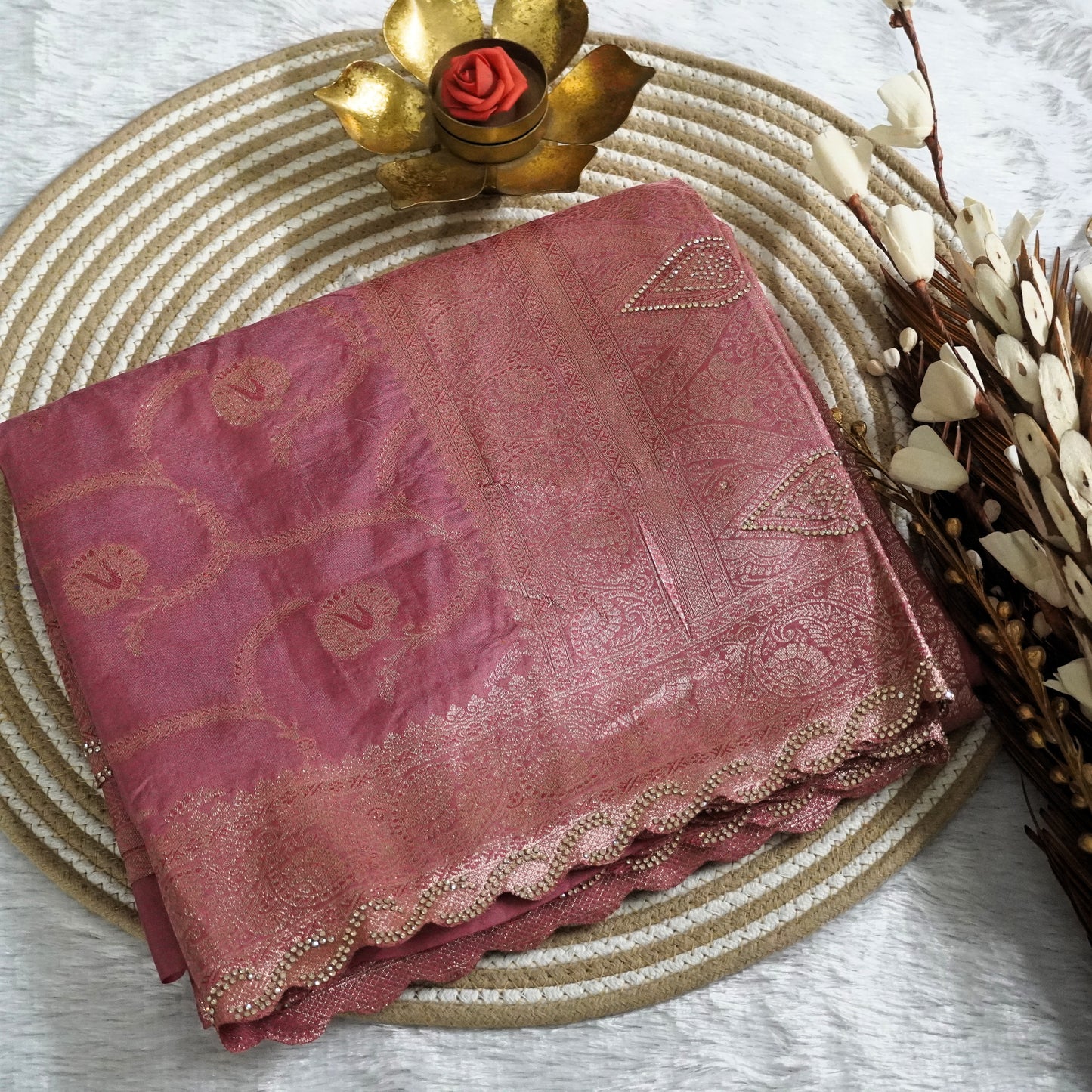 Fancy Banarasee with Scallop boder and stone work | Onion Pink | Maguvaa Sarees