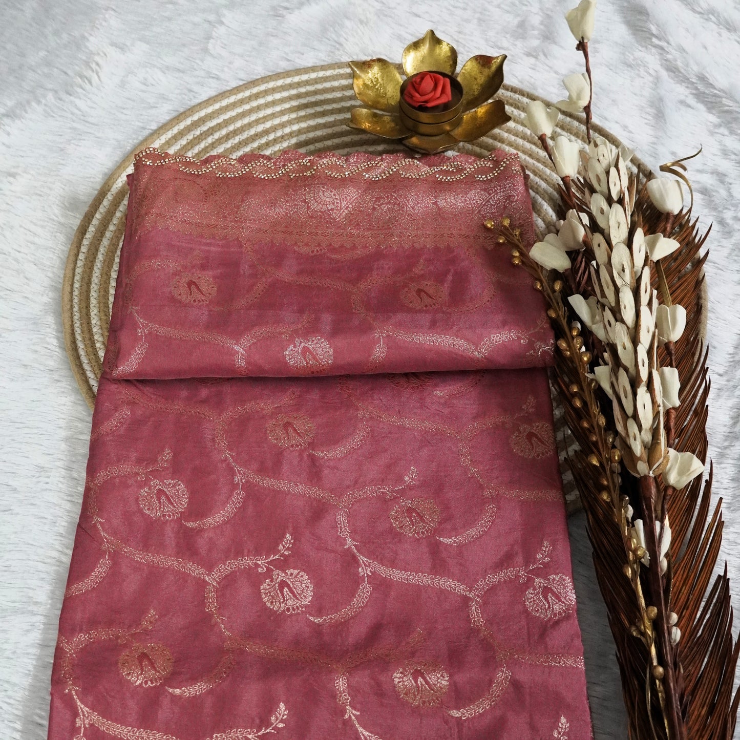 Fancy Banarasee with Scallop boder and stone work | Onion Pink | Maguvaa Sarees
