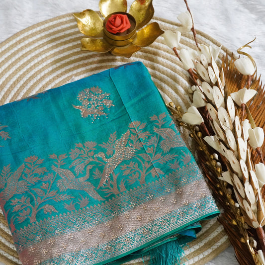 Fancy Banarasee with Zari boder and stone work | Peacock Green | Maguvaa Sarees