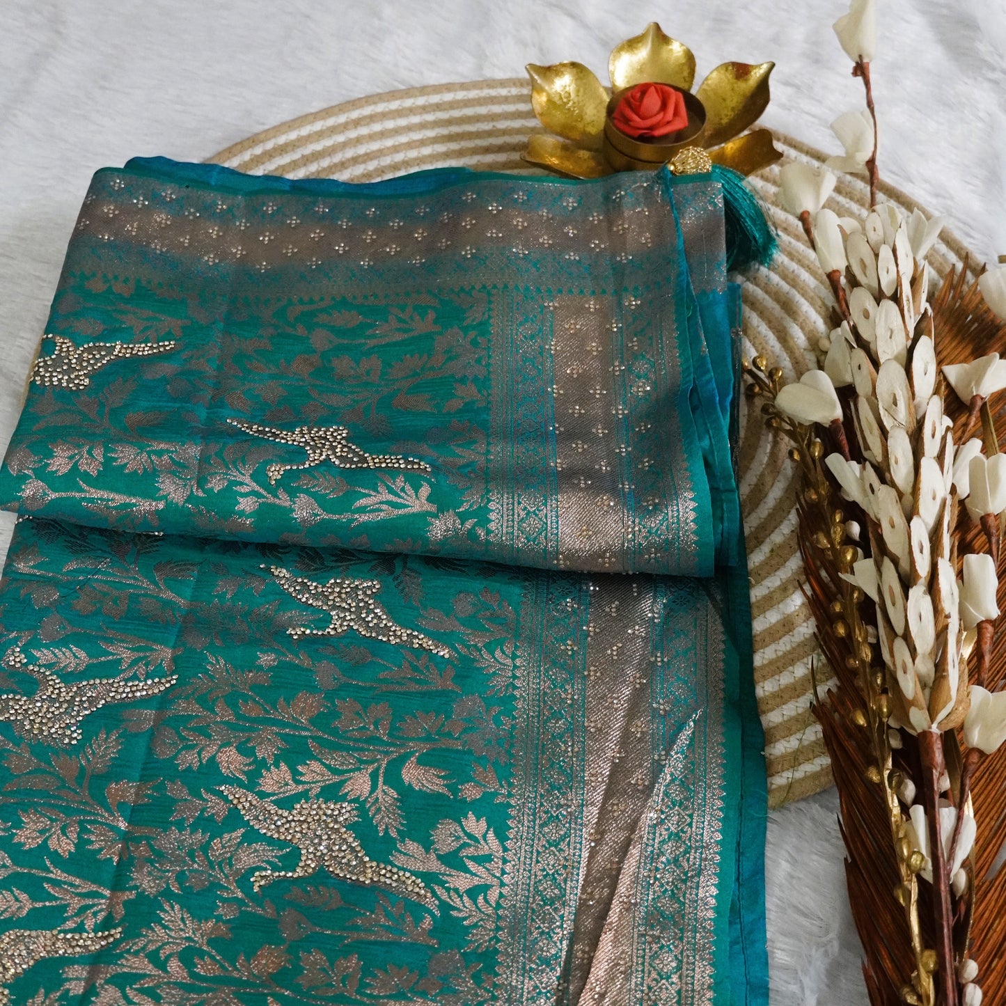 Fancy Banarasee with Zari boder and stone work | Peacock Green | Maguvaa Sarees