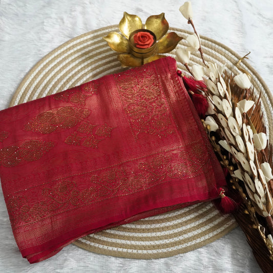 Tissue Saree with Zarcon work and all over detailing work | Rani Pink | Maguvaa Sarees