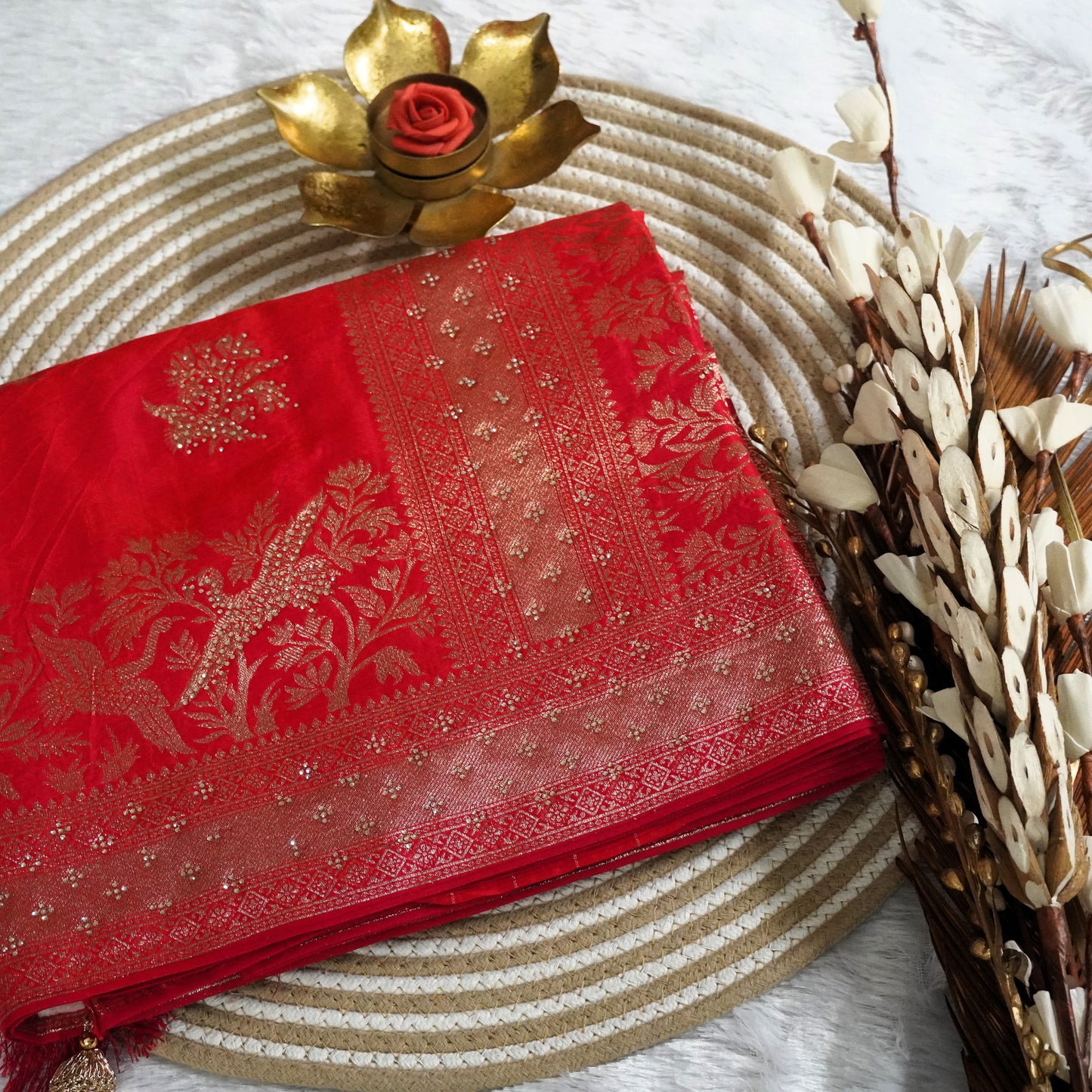 Fancy Banarasee with Zari boder and stone work | Red | Maguvaa Sarees