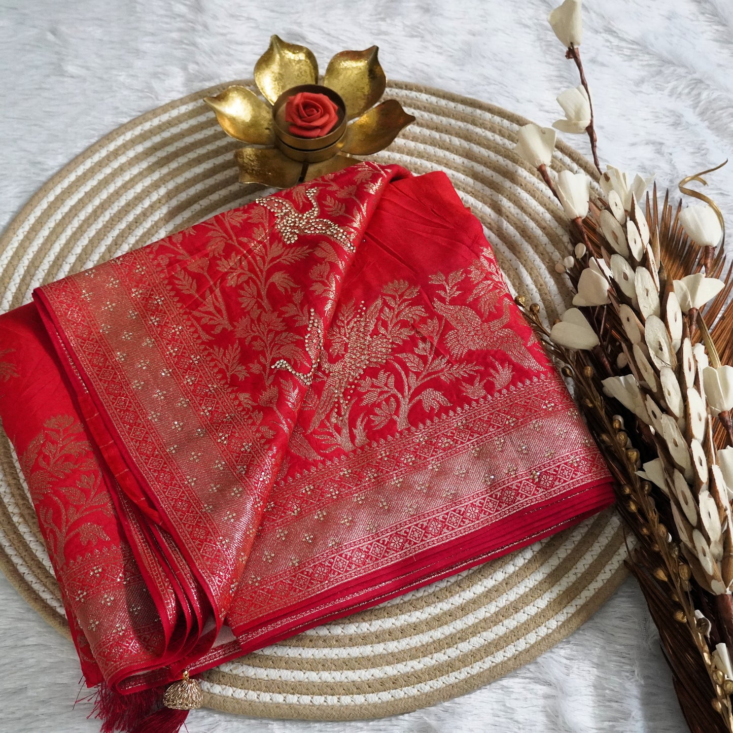 Fancy Banarasee with Zari boder and stone work | Red | Maguvaa Sarees