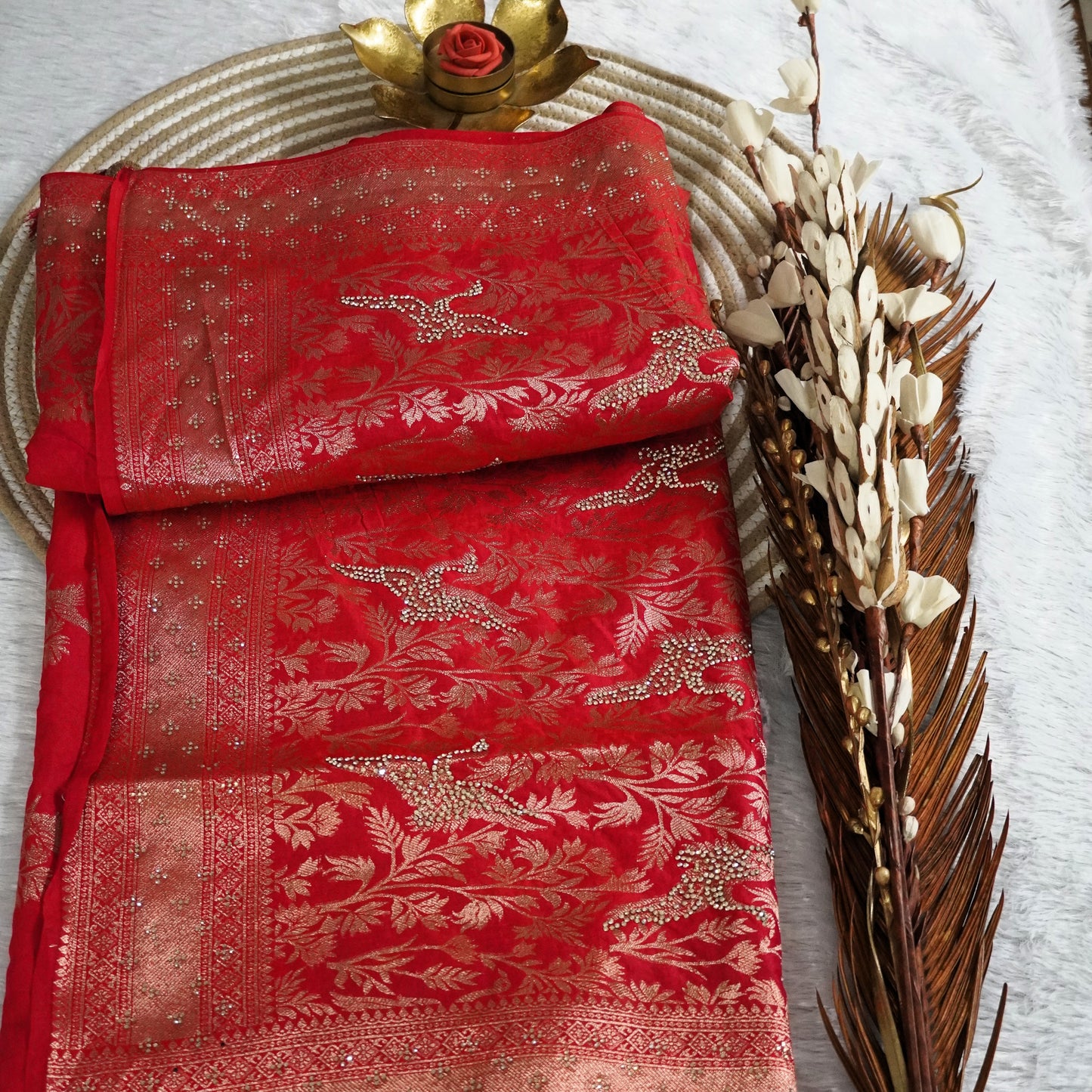 Fancy Banarasee with Zari boder and stone work | Red | Maguvaa Sarees