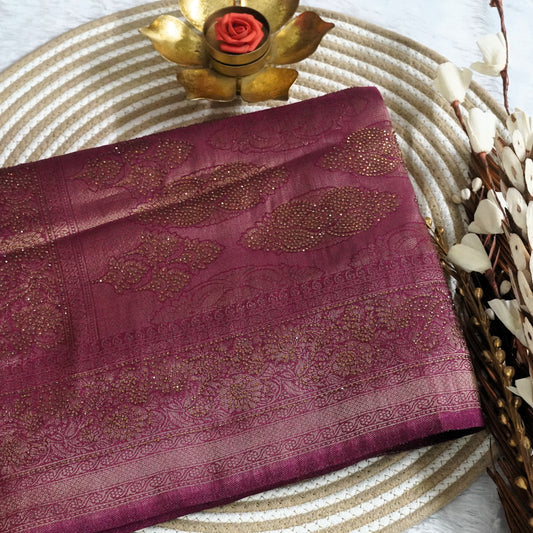 Tissue Saree with Zarcon work and all over detailing work | Wine Magenta | Maguvaa Sarees