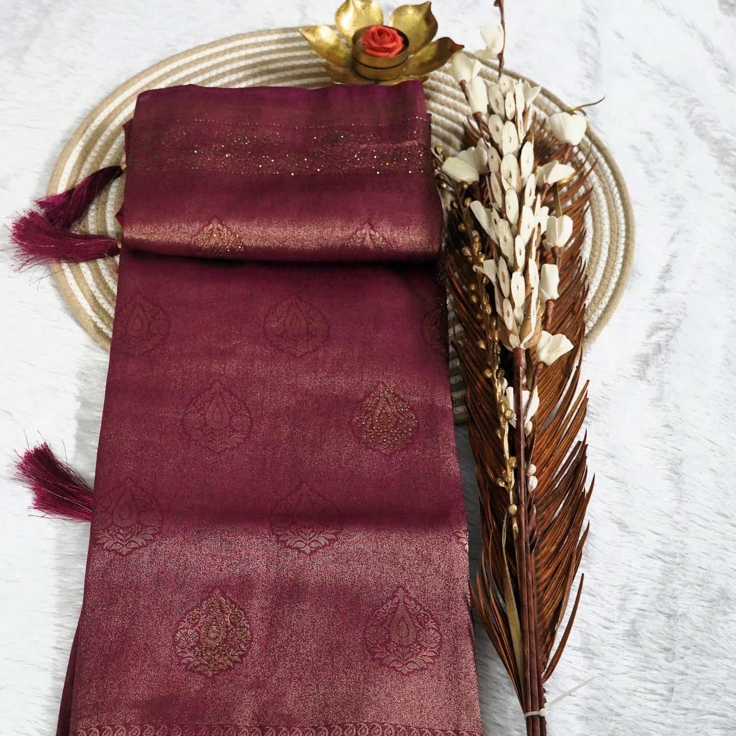 Tissue Saree with Zarcon work and all over detailing work | Wine Magenta | Maguvaa Sarees