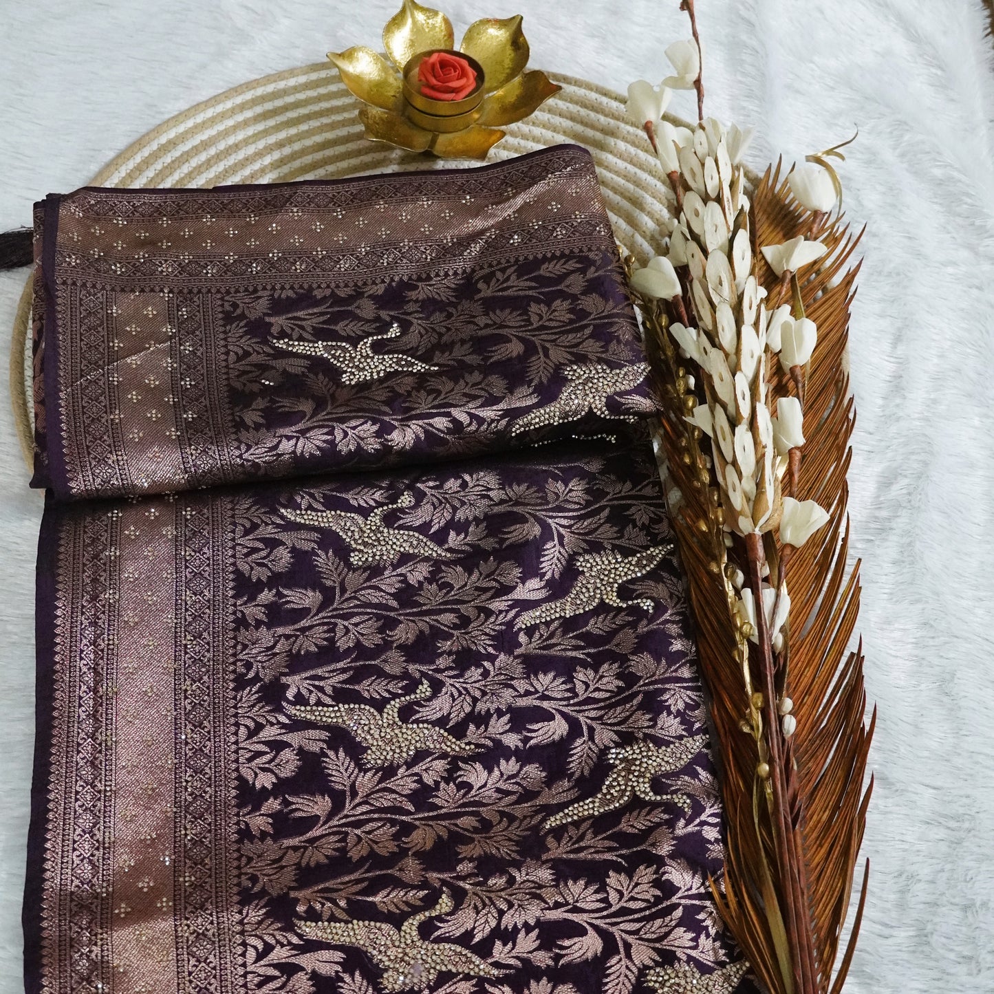 Fancy Banarasee with Zari boder and stone work | Wine | Maguvaa Sarees